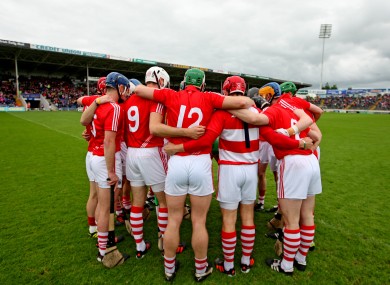 The Cork team huddle before their All-Ireland qualifier meeting with Wexford.
