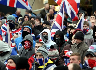 Loyalists protesters in Belfast city centre protesting against new restrictions on flying the Union flag.