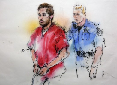 This courtroom sketch shows James Holmes being escorted by a deputy as he arrived for the preliminary hearing this week.