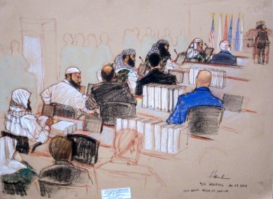 A courtroom sketch drawn on Monday shows five 9/11 attend a hearing on pre-trial motions at the Guantanamo Bay US Naval Base in Cuba.
