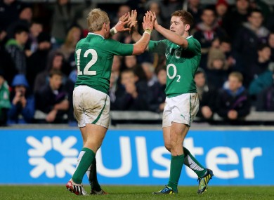 Paddy Jackson celebrates with Luke Marshall.