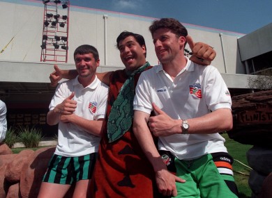 Roy Keane and Andy Townsend discuss neck ties with Fred Flintstone at USA 94.