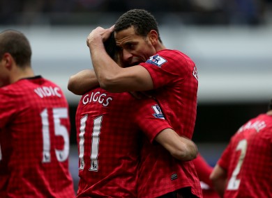 Manchester United's Ryan Giggs (left) celebrates with team-mate Rio Ferdinand after scoring his side's second goal of the game.