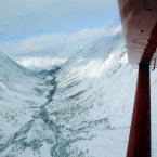 This aerial photo shows the Iditarod Trail in Rainy Pass, Alaska.